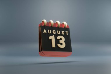 Standing black and red month lined desk calendar with date August 13. Modern design with golden elements, 3d rendering illustration. Blue gray background.	