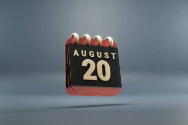 Standing black and red month lined desk calendar with date August 20. Modern design with golden elements, 3d rendering illustration. Blue gray background.	