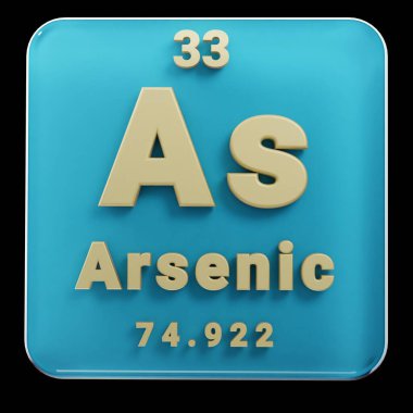 Periyodik tablonun siyah ve kırmızı arsenik elementinin üzerinde duran güzel soyut çizimler. Altın elementli modern tasarım, üç boyutlu resimleme. Mavi gri arkaplan.