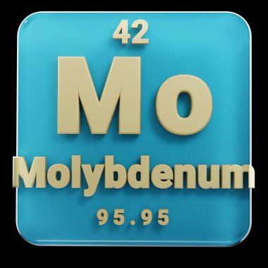 Periyodik tablonun siyah ve kırmızı Molybdenum elementinin üzerinde duran güzel soyut çizimler. Altın elementli modern tasarım, üç boyutlu resimleme. Mavi gri arkaplan.