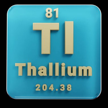 Periyodik tablonun siyah ve kırmızı Thallium elementinde duran güzel soyut çizimler. Altın elementli modern tasarım, üç boyutlu resimleme. Mavi gri arkaplan.