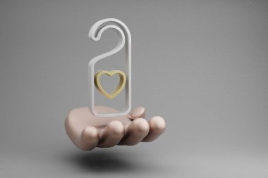 Gri arka planda kalp sembolü simgesi olan güzel soyut çizimler Altın El Tutma Askısı. 3D tasvir. Tasarım için arkaplan modeli. Düğün günü..