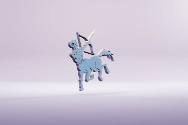 Beautiful illustration blue zodiac sign Sagittarius symbol icons on a bright pink  background. 3d rendering illustration. Background pattern for design.	