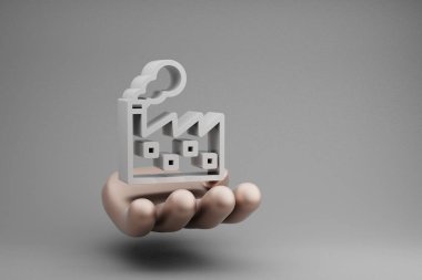 Beautiful abstract illustrations Golden Hand Holding factory symbol icon on a gray background. 3d rendering illustration. Background pattern for design. Save Ecological.	
