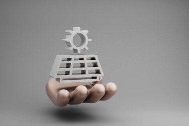 Beautiful abstract illustrations Golden Hand Holding sun panel energy symbol icon on a gray background. 3d rendering illustration. Background pattern for design. Save Ecological.	