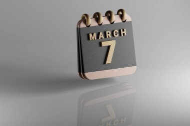 Standing black and golden month lined desk calendar with date March 7. Modern design with golden elements, 3d rendering illustration. White ceramic reflection background..	