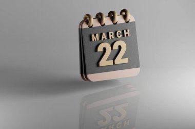 Standing black and golden month lined desk calendar with date March 22. Modern design with golden elements, 3d rendering illustration. White ceramic reflection background..	