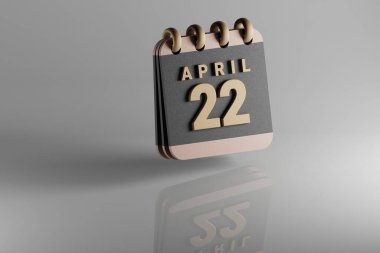 Standing black and golden month lined desk calendar with date April 22. Modern design with golden elements, 3d rendering illustration. White ceramic reflection background..	