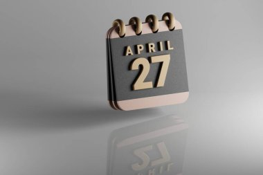 Standing black and golden month lined desk calendar with date April 27. Modern design with golden elements, 3d rendering illustration. White ceramic reflection background..	