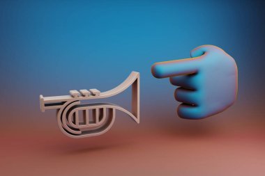 Güzel çizimler soyut El işaret parmağı çok renkli parlak bir arkaplandaki İnclined Saxofon sembol simgesini gösteriyor. 3D tasvir. Tasarım için arkaplan modeli. Müzik nesnesi.