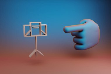 Güzel çizimler soyut El işaret parmağı çok renkli parlak bir arkaplanda Müzik Standı sembol simgesini gösteriyor. 3D tasvir. Tasarım için arkaplan modeli. Müzik nesnesi.