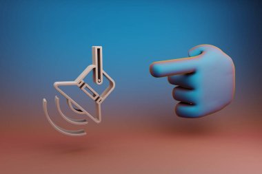 Güzel çizimler soyut El işaret parmağı çok renkli parlak bir arkaplanda Sportlight Konser sembolü simgesini gösteriyor. 3D tasvir. Tasarım için arkaplan modeli. Müzik nesnesi.