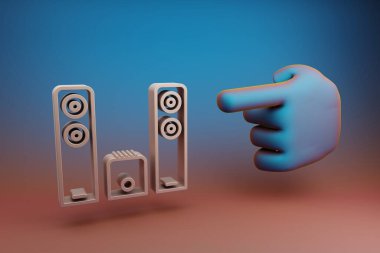 Güzel çizimler, soyut El işaret parmağı, parlak arkaplanda Büyük Hoparlörler sembolü olan Ses Sistemi 'ni işaret ediyor. 3D tasvir. Tasarım için arkaplan modeli. Müzik nesnesi.