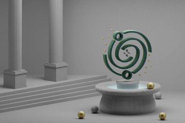 Güzel soyut çizimler Galaksi ve bir çeşme ve sütun arkaplan üzerinde sembol simgesi başlat. 3D tasvir. Tasarım için arkaplan modeli. Uzay keşfi.