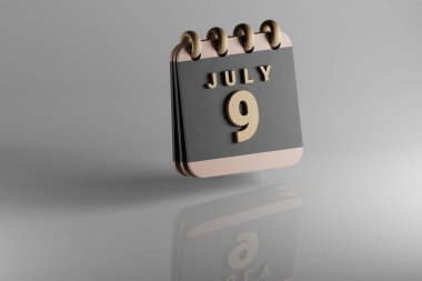 Standing black and golden month lined desk calendar with date July  9. Modern design with golden elements, 3d rendering illustration. White ceramic reflection background..	
