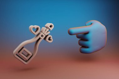 Güzel çizimler soyut El işaret parmağı çok renkli parlak bir arkaplanda şampanya sembolü simgesine işaret ediyor. 3D tasvir. Tasarım için arkaplan modeli. Anneler Günü.