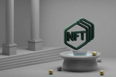 Fıskiye ve sütun arkaplanındaki güzel soyut çizimler Yeşil NFT Koleksiyon sembol simgesi. 3d resimleme. 