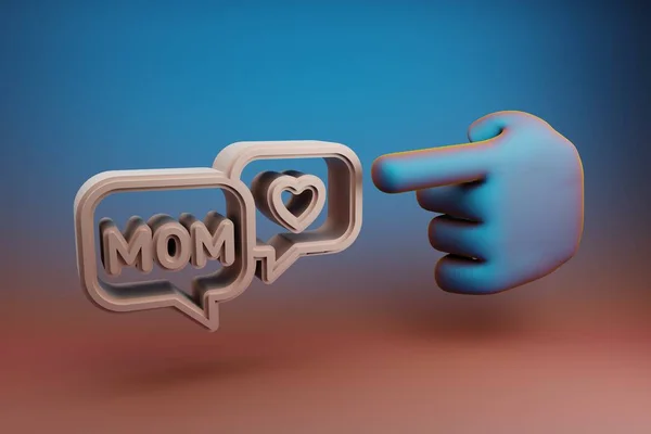 美しいイラスト抽象多色の明るい背景に単語のお母さんと心のシンボルアイコンでメッセージに手のインデックスの指ポイント 3Dレンダリングイラスト デザインの背景パターン 母の日 — ストック写真