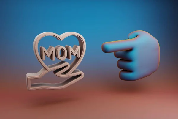 美しいイラスト抽象多色の明るい背景に単語Momのシンボルアイコンで心を手に手の指数の指ポイント 3Dレンダリングイラスト デザインの背景パターン 母の日 — ストック写真