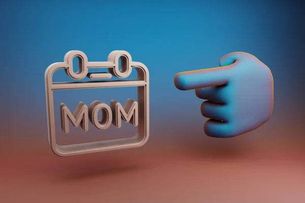 美丽的插图抽象的手食指指向日历与字Mom符号图标在一个多色的明亮的背景 3D渲染说明 设计的背景模式 母亲节 — 图库照片