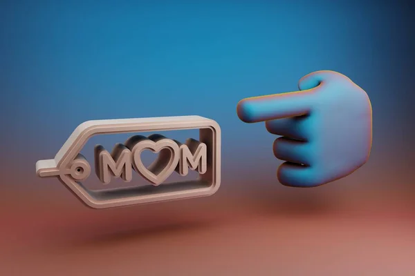 아름다운 손가락은 컬러의 배경에 Mom 아이콘 배지를 가리킨다 렌더링 일러스트 — 스톡 사진