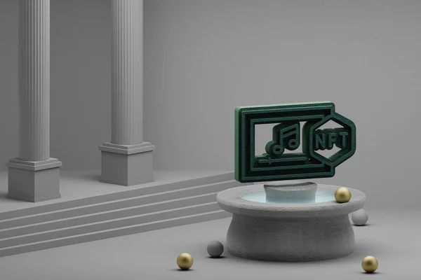 美丽的抽象插图绿色Nft音乐图标上的喷泉和柱状背景 3D渲染说明 — 图库照片