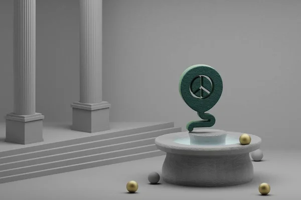Beautiful abstract illustrations Green Peace balloon symbol icon on a fountain and column background. 3d rendering illustration.