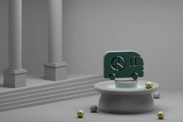 Beautiful abstract illustrations Green Peace car, track symbol icon on a fountain and column background. 3d rendering illustration.