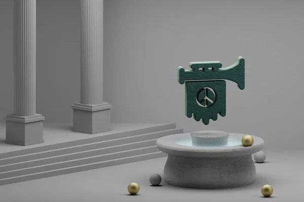 Beautiful abstract illustrations Green Peace with flag symbol icon on a fountain and column background. 3d rendering illustration.
