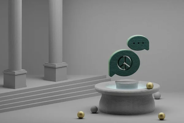Beautiful abstract illustrations Green Peace message symbol icon on a fountain and column background. 3d rendering illustration.