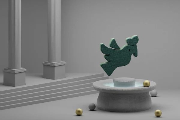 Beautiful abstract illustrations Green Peace dove symbol icon on a fountain and column background. 3d rendering illustration.