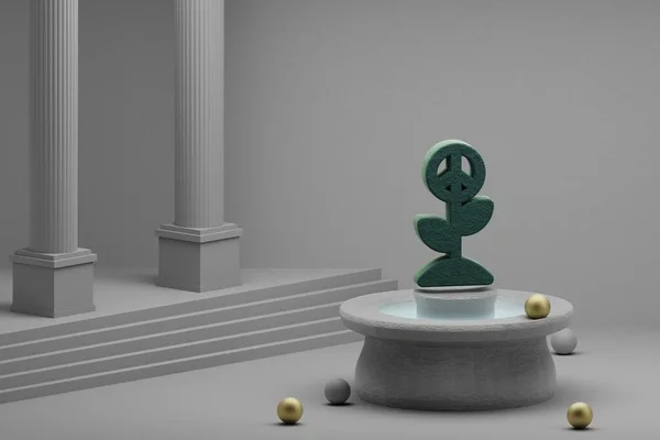 Beautiful abstract illustrations Green Peace grows symbol icon on a fountain and column background. 3d rendering illustration.