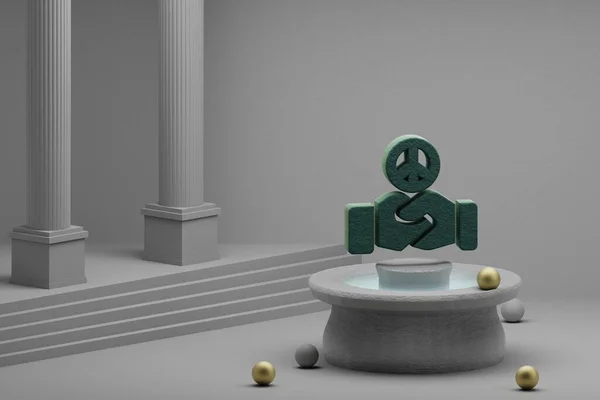 Beautiful abstract illustrations Green Peace Handshake symbol icon on a fountain and column background. 3d rendering illustration.