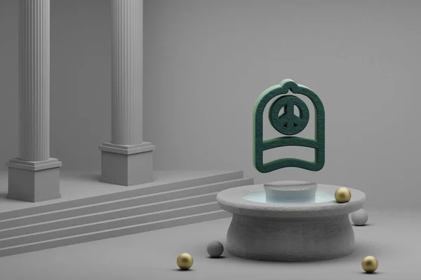 Beautiful abstract illustrations Green Peace hat symbol icon on a fountain and column background. 3d rendering illustration.