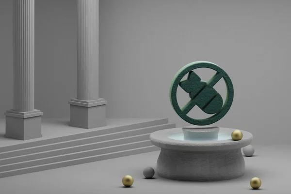 Beautiful abstract illustrations Green Peace NO WAR NO BOMB symbol icon on a fountain and column background. 3d rendering illustration.