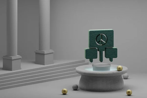 Beautiful abstract illustrations Green Peace meeting symbol icon on a fountain and column background. 3d rendering illustration.