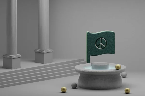 Beautiful abstract illustrations Green Peace flag symbol icon on a fountain and column background. 3d rendering illustration.