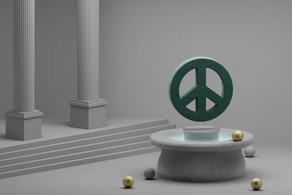 Beautiful abstract illustrations Green Peace symbol icon on a fountain and column background. 3d rendering illustration.