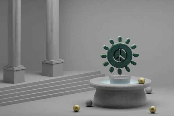 Beautiful abstract illustrations Green Peace sun symbol icon on a fountain and column background. 3d rendering illustration.