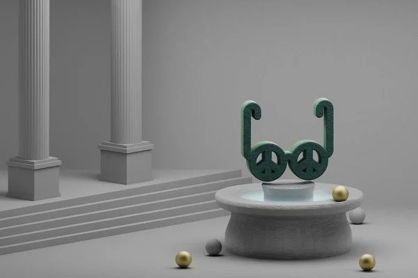 Beautiful abstract illustrations Green Peace glasses symbol icon on a fountain and column background. 3d rendering illustration.