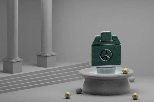 Beautiful abstract illustrations Green Peace vote box  symbol icon on a fountain and column background. 3d rendering illustration.