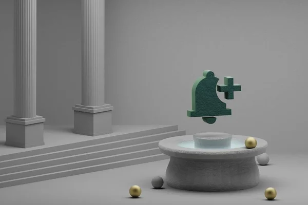 美丽的抽象图绿色通知铃添加符号图标在喷泉和列的背景 3D渲染说明 — 图库照片