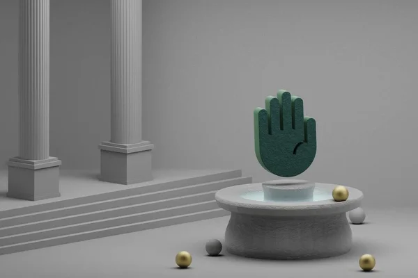 Beautiful abstract illustrations Green Hand symbol icon on a fountain and column background. 3d rendering illustration.