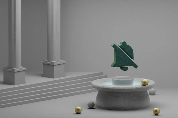 美丽的抽象插图 绿叶钟形图标上的喷泉和柱状背景 3D渲染说明 — 图库照片