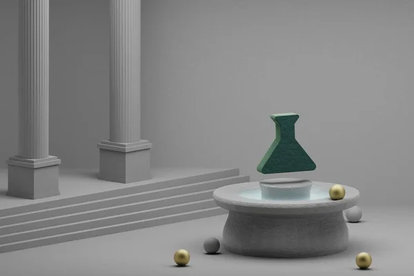美丽的抽象画绿色科学瓶子符号图标上的喷泉和柱状背景 3D渲染说明 — 图库照片