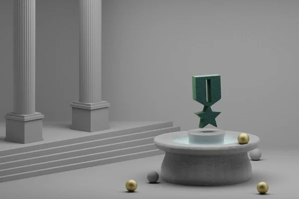 Beautiful abstract illustrations Green medal badge symbol icon on a fountain and column background. 3d rendering illustration.