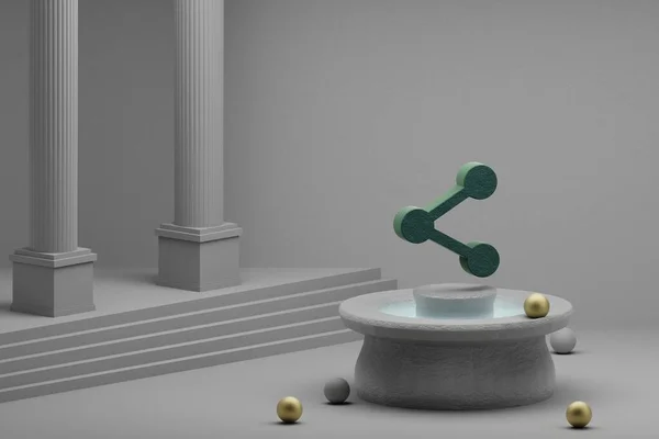 美丽的抽象插图绿色共享符号图标上的喷泉和列的背景 3D渲染说明 — 图库照片