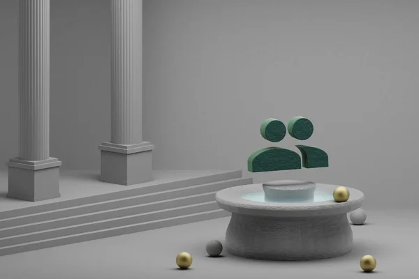 美丽的抽象插图绿色人象征图标上的喷泉和柱状背景 3D渲染说明 — 图库照片
