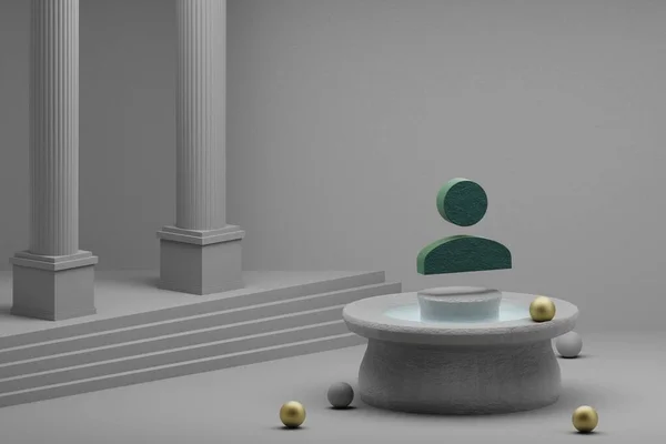 美丽的抽象插图绿色人物符号图标上的喷泉和柱状背景 3D渲染说明 — 图库照片