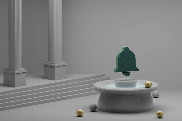 美丽的抽象插图绿色通知符号图标上的喷泉和列的背景 3D渲染说明 — 图库照片